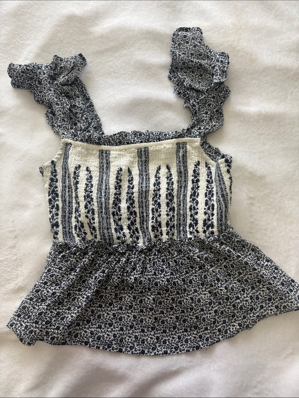 Floral Smocked Peplum Tank Top - Black & Cream